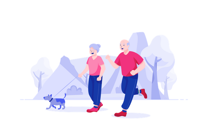 Old couple jogging with dog  Illustration