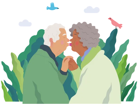 Old couple lips kissing Illustration