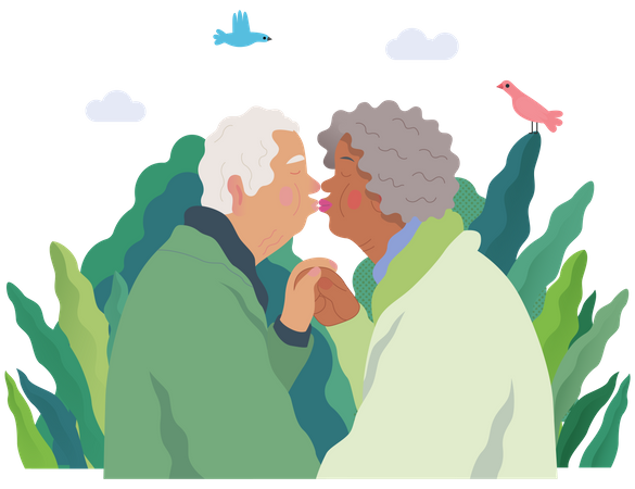 Old couple lips kissing  Illustration