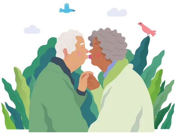 Old couple lips kissing  Illustration