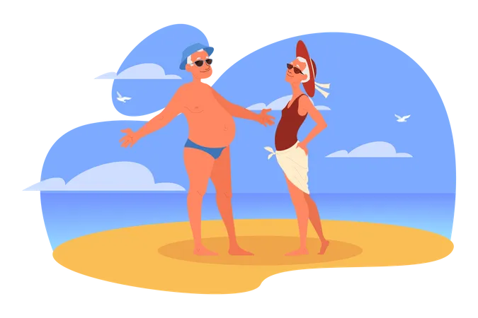 Happy And Active Seniors Spending Time On The Beach Together Retired Couple On Their Summer Vacation Woman And Man On Retirement Vector Illustration In Cartoon Style Illustration