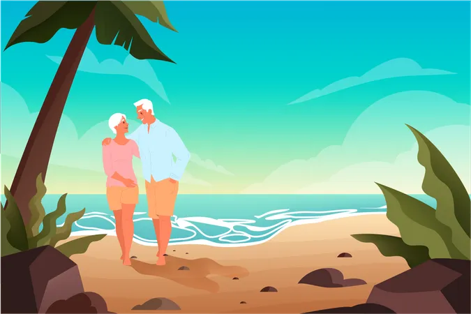 Happy Seniors Spending Time On A Tropical Beach With Palms Together Retired Couple On Their Summer Vacation Landing Page Or Web Banner Concept Vector Illustration In Cartoon Style Illustration