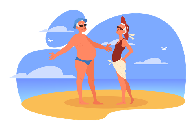 Old couple on beach  Illustration