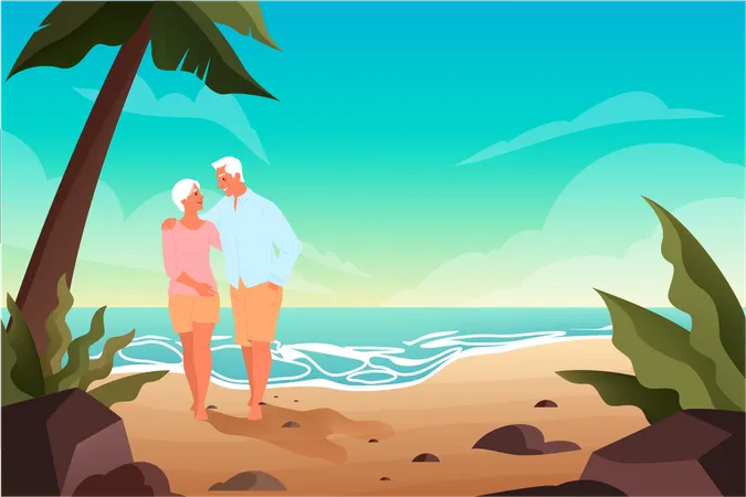 Old couple on beach  Illustration