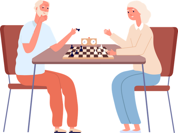 Old couple playing chess Illustration