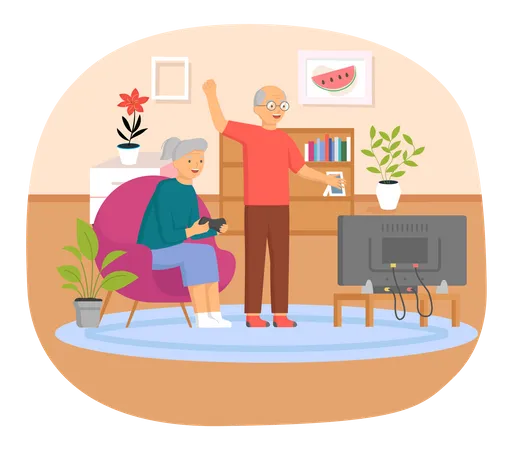 Old couple playing game together Illustration