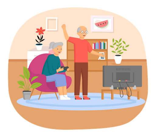 Old couple playing game together  Illustration