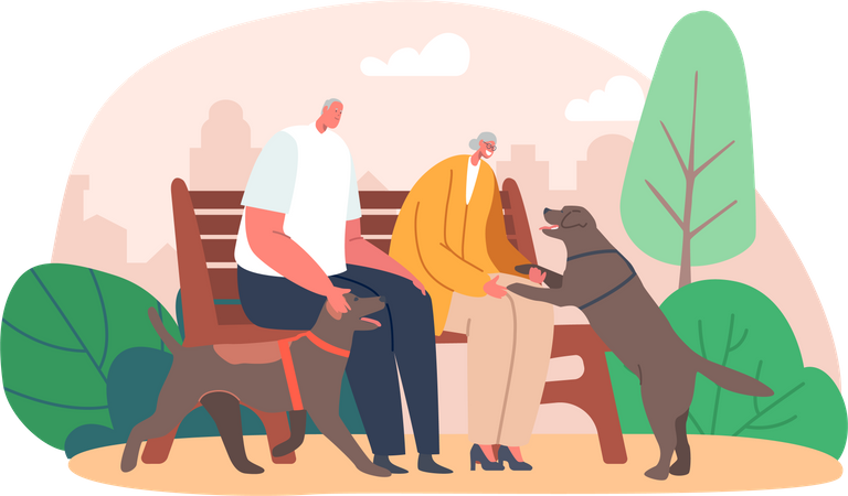 Old couple playing with pet while sitting at park Illustration