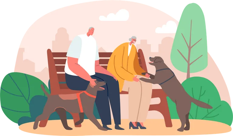 Grandmother And Grandfather Sitting On Bench In Park Spend Time And Walk With Dog At Summer Time Senior Family Couple Characters Sparetime Leisure With Pet Cartoon People Vector Illustration Illustration