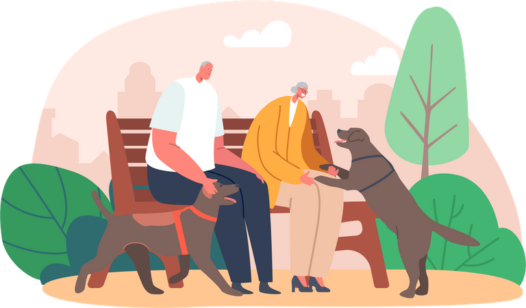 Old couple playing with pet while sitting at park  Illustration