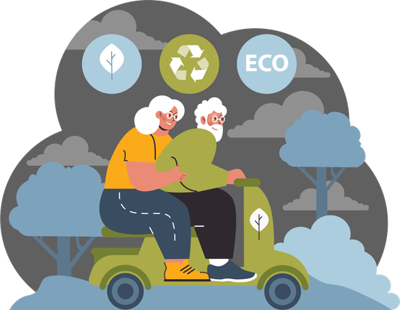 Old couple rides electric scooter to save energy  Illustration