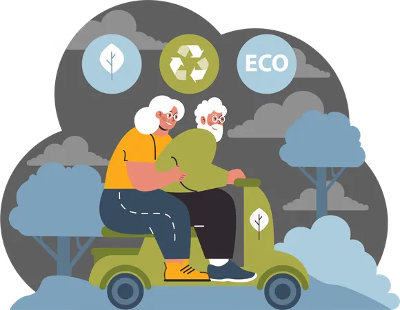 Old couple rides electric scooter to save energy  Illustration