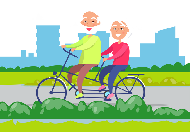 Old couple riding cycle in park Illustration