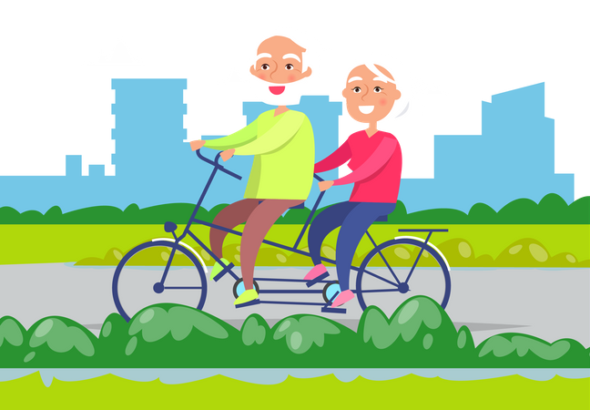 Old couple riding cycle in park  Illustration