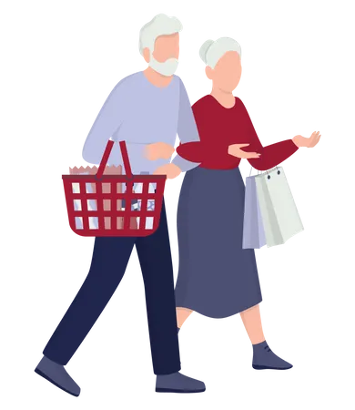 Old Couple Shopping Grocery Store Customer With Shopping Cart Elderly Character On The Big Sale In Supermarket Isolated Flat Illustration Illustration