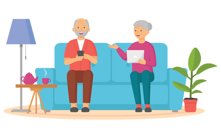 Old couple sitting on sofa Illustration
