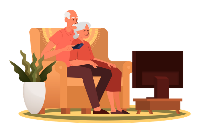 Old couple sitting on sofa and watching TV Illustration