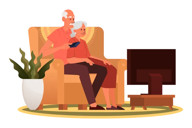 Old couple sitting on sofa and watching TV Illustration