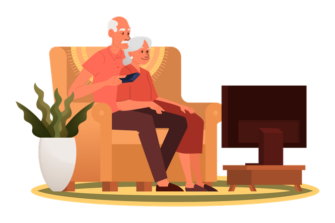 Old couple sitting on sofa and watching TV  Illustration