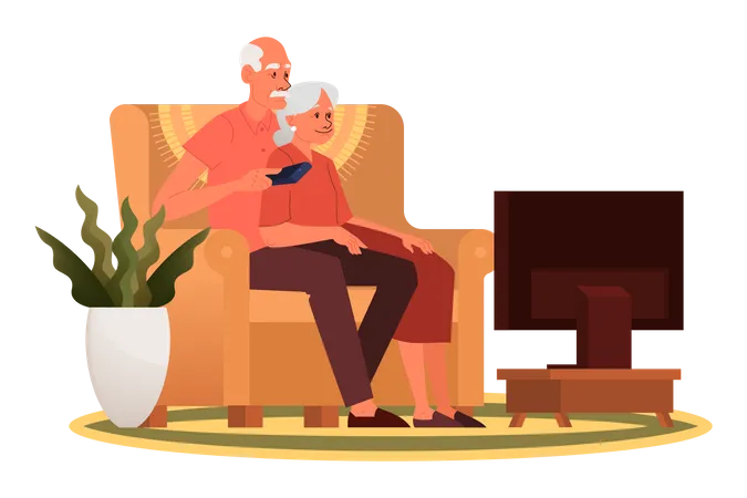 Old couple sitting on sofa and watching TV  Illustration