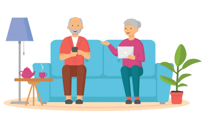 Old couple sitting on sofa  Illustration