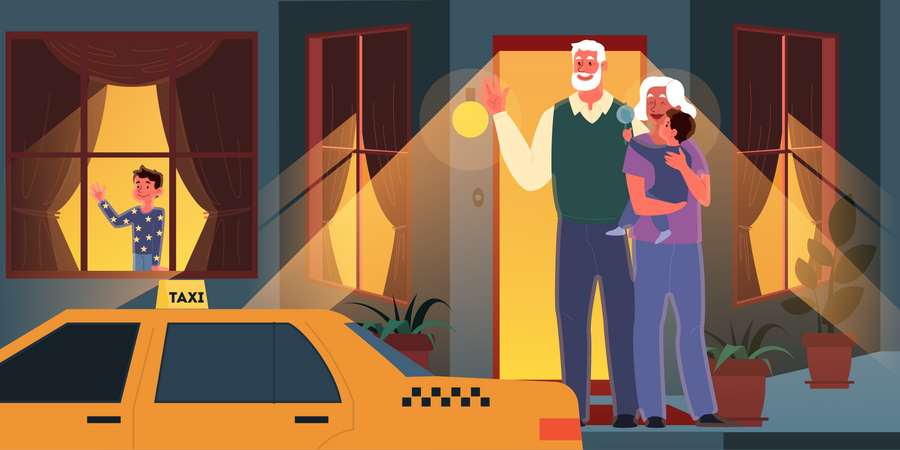 Old couple spend time with their grandchildren Illustration