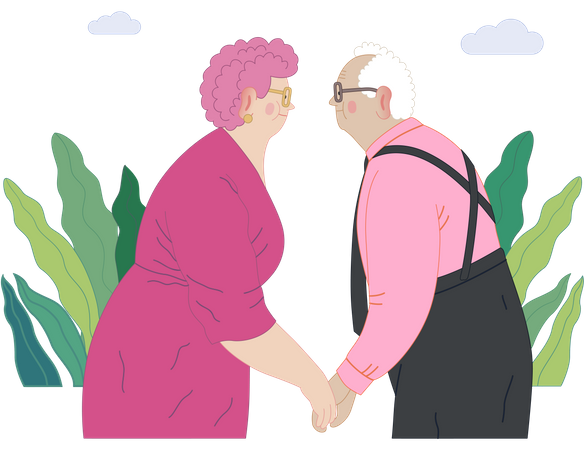 Old Couple Standing Embraced Together Holding their Hands Illustration