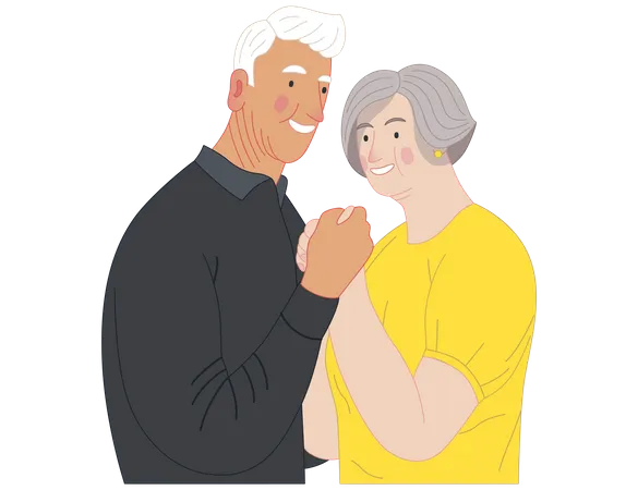 Old Couple Standing Embraced Together Holding their Hands Illustration