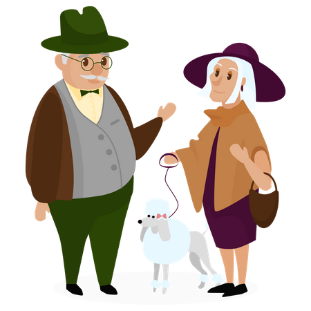 Old Couple standing with dog  Illustration