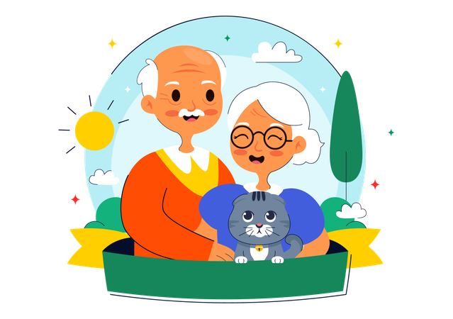 Old couple standing with pet cat  Illustration