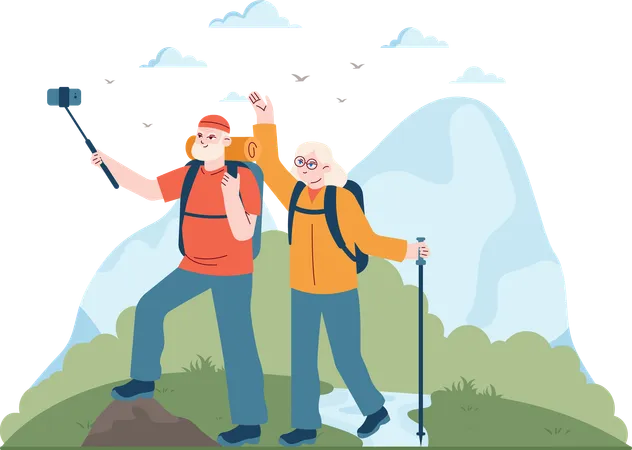 Old couple taking mobile selfie during hiking  Illustration
