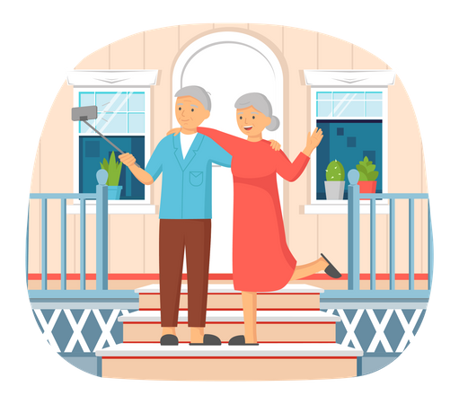 Old couple taking self photo  Illustration