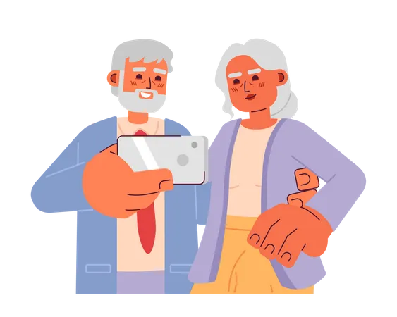Caucasian Old Couple Taking Selfie 2 D Cartoon Characters Smiling Senior Male Holding Smartphone Isolated Vector People White Background Elderly Lady Posing For Camera Color Flat Spot Illustration Illustration
