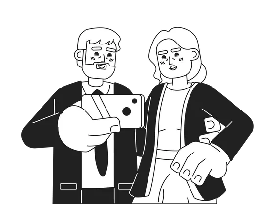 Caucasian Old Couple Taking Selfie Black And White 2 D Cartoon Characters Senior Male Holding Smartphone Isolated Vector Outline People Elderly Lady Posing Monochromatic Flat Spot Illustration Illustration