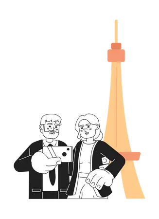 Old Couple Attraction Tourists Retirement Enjoying Black And White 2 D Cartoon Characters Retirees Taking Selfie At Eiffel Tower Isolated Vector Outline People Monochromatic Flat Spot Illustration Illustration