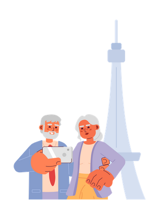 Old couple taking selfie on vacation  Illustration