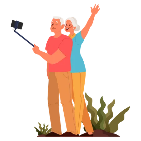 Old couple taking selfie together Illustration