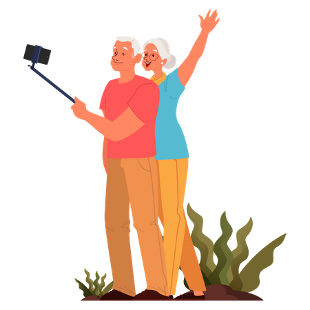 Old couple taking selfie together  Illustration