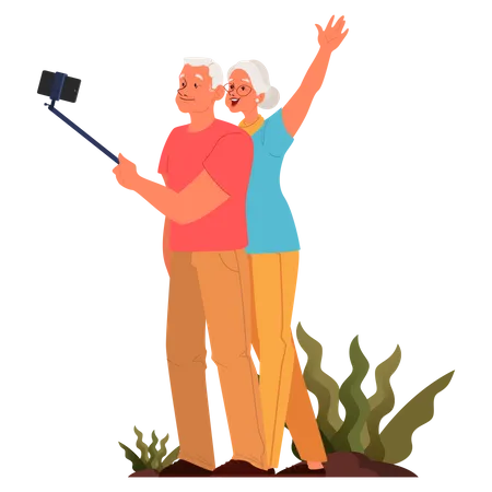 Old couple taking selfie together  Illustration