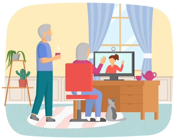 Retired Parents Sitting At Computer And Talking To Daughter Online Communication Via Internet Old Couple Communicates With Relative By Video Call Elderly People Talk To Woman By Online Connection Illustration