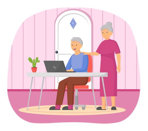 Old couple talking via laptop Illustration