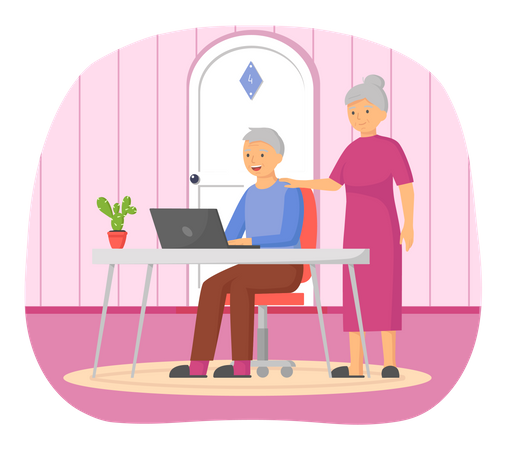 Old couple talking via laptop  Illustration