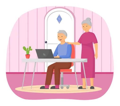 Old couple talking via laptop  Illustration