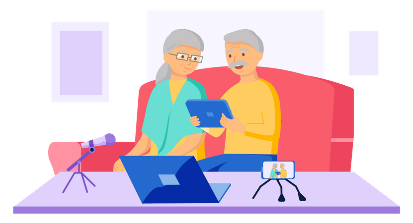 Old couple using different devices Illustration