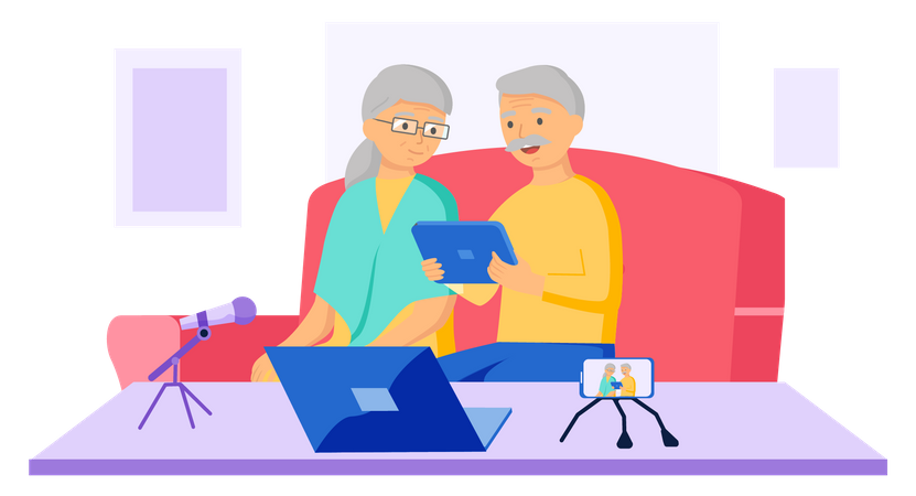 Old couple using different devices  Illustration