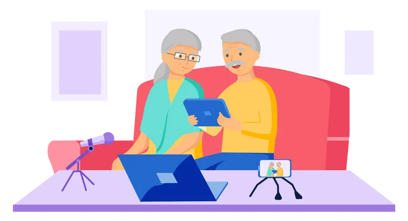 Old couple using different devices  Illustration