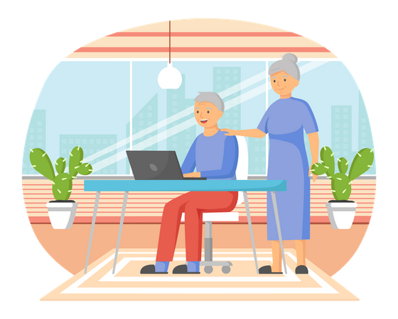 Old couple using laptop Illustration