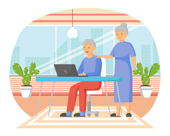 Old couple using laptop  Illustration