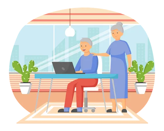 Old couple using laptop  Illustration