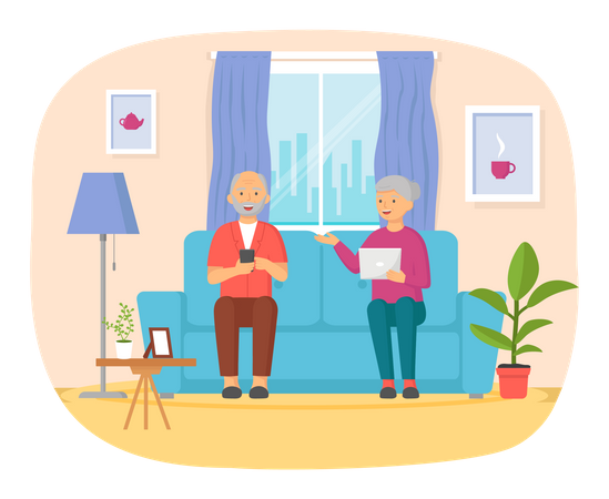Old couple using smart devices Illustration